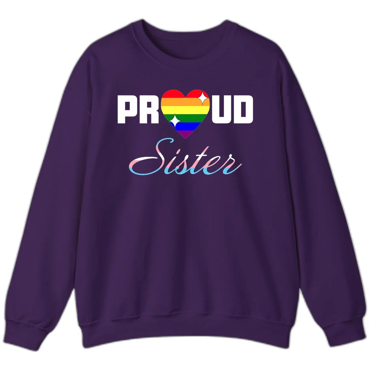 Proud sisters rainbow heart design with pride flag stripes and decorative text celebrating LGBTQ+ sisterhood in Purple