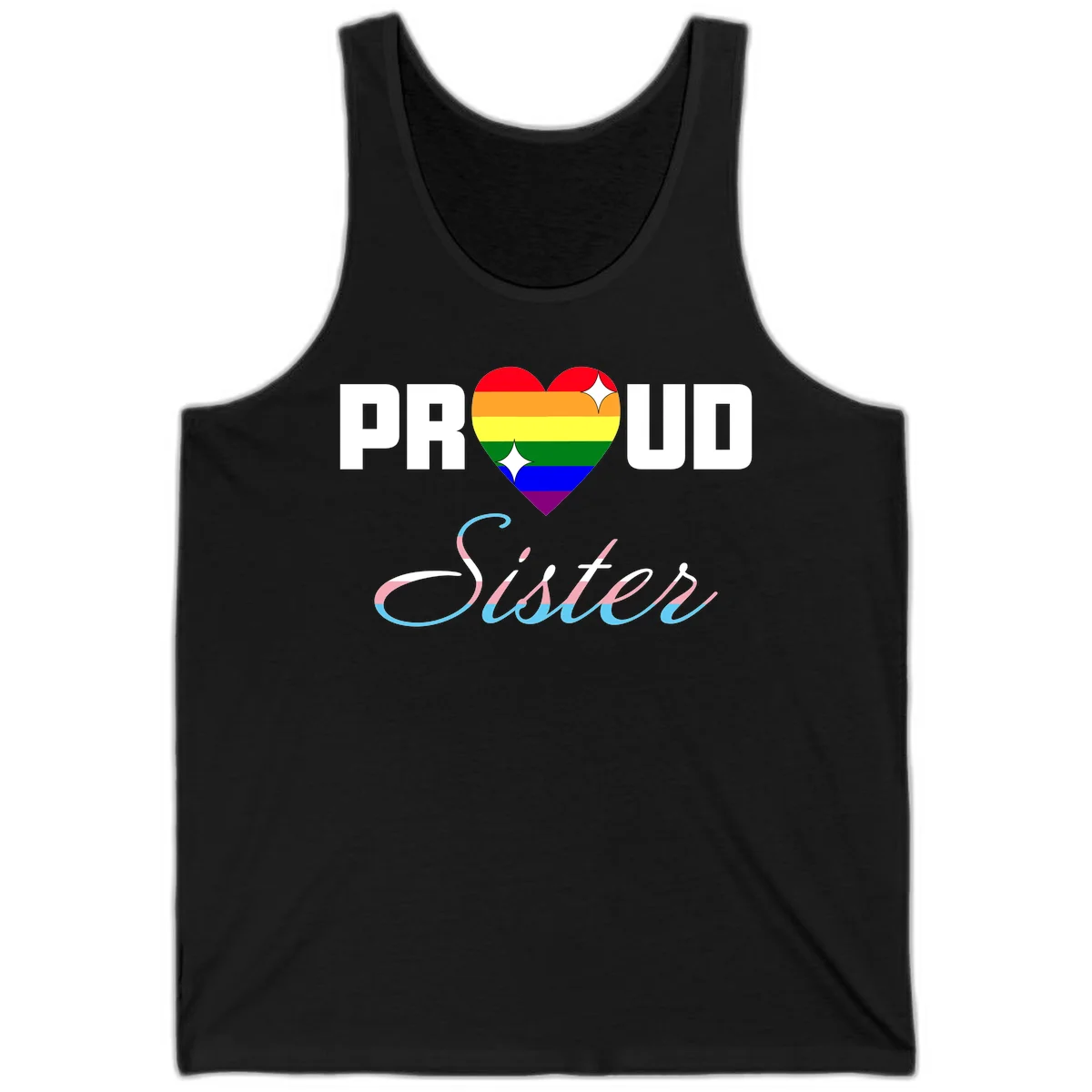 Proud sisters rainbow heart design with pride flag stripes and decorative text celebrating LGBTQ+ sisterhood in Black