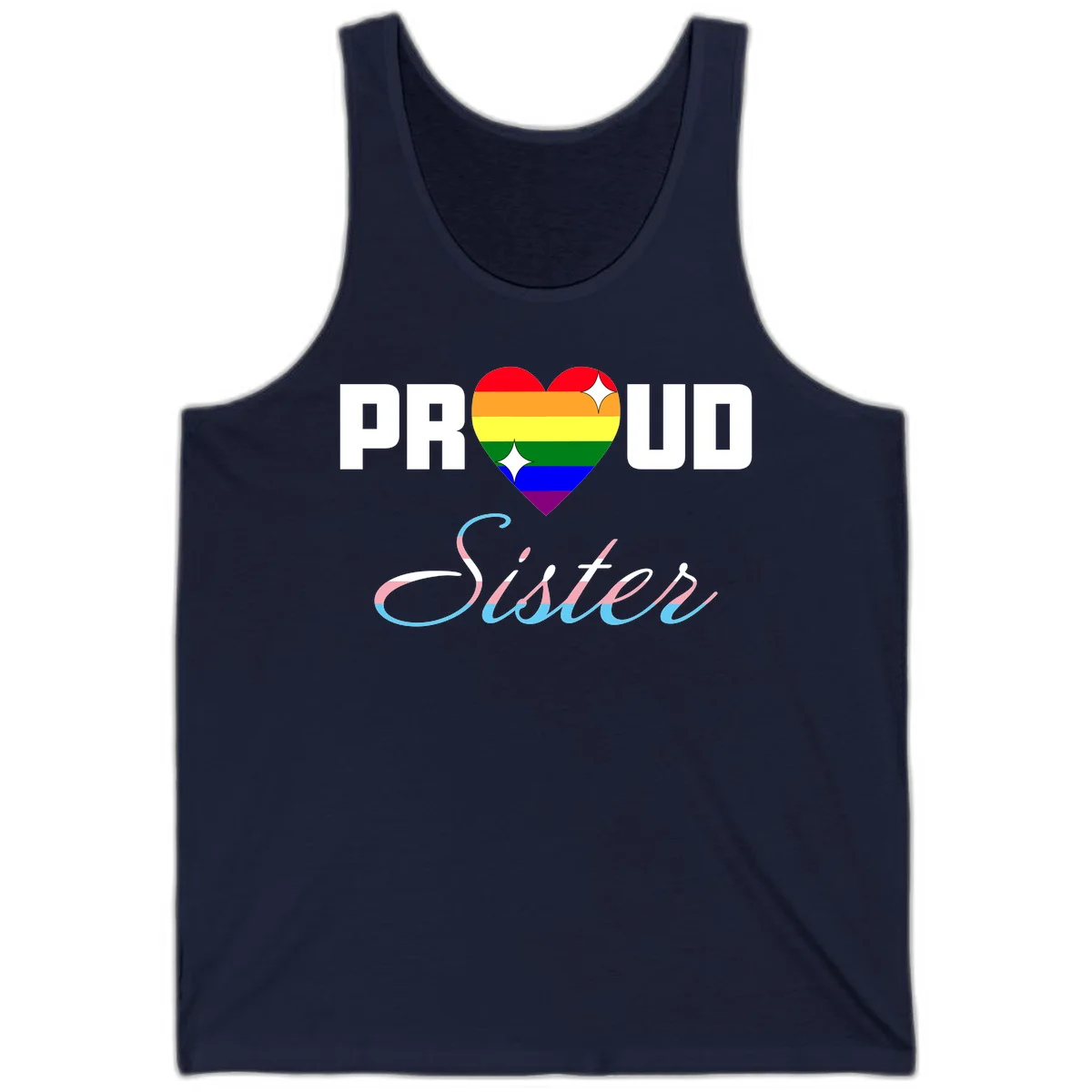 Proud sisters rainbow heart design with pride flag stripes and decorative text celebrating LGBTQ+ sisterhood in Navy