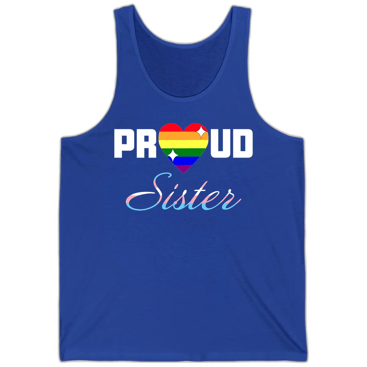 Proud sisters rainbow heart design with pride flag stripes and decorative text celebrating LGBTQ+ sisterhood in True Royal