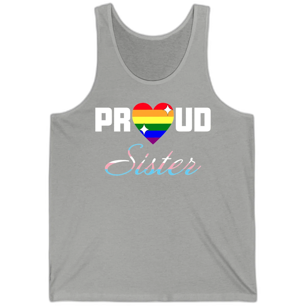 Proud sisters rainbow heart design with pride flag stripes and decorative text celebrating LGBTQ+ sisterhood in Athletic Heather