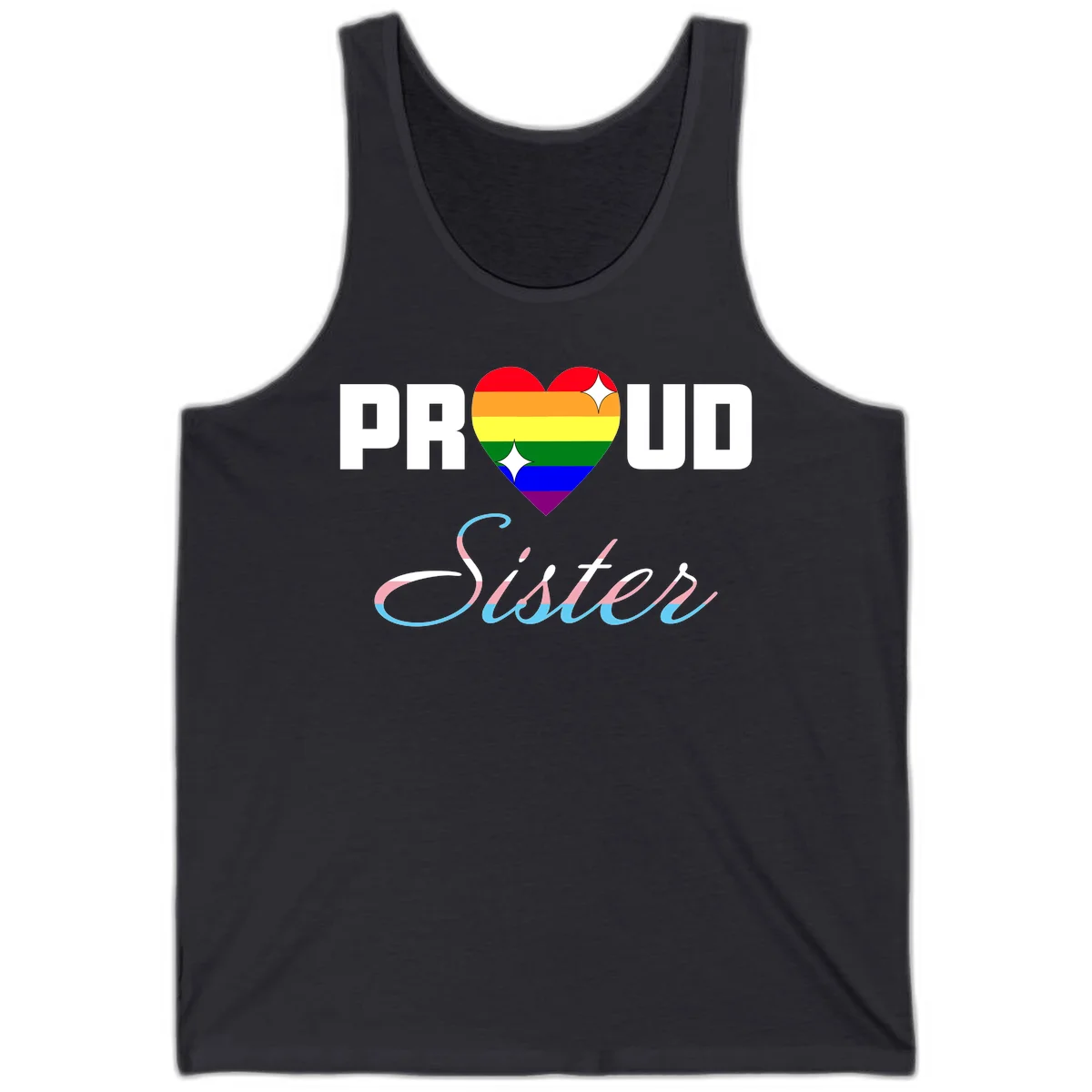 Proud sisters rainbow heart design with pride flag stripes and decorative text celebrating LGBTQ+ sisterhood in Dark Grey