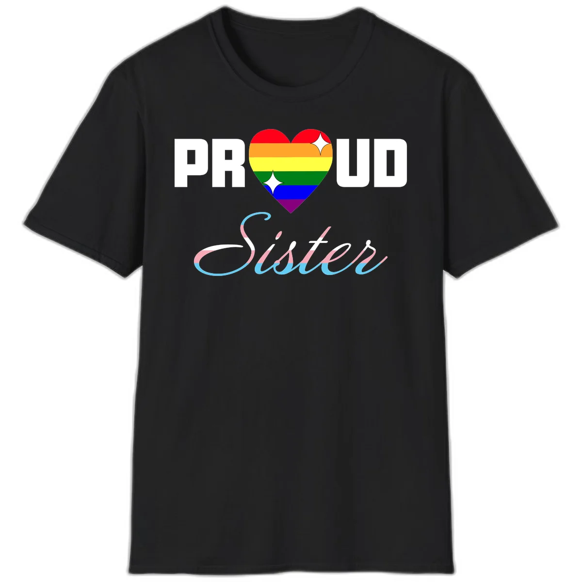Proud sisters rainbow heart design with pride flag stripes and decorative text celebrating LGBTQ+ sisterhood in Black