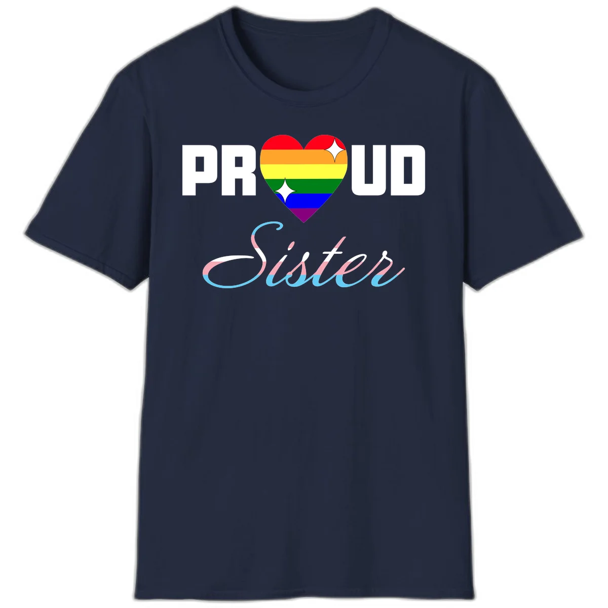 Proud sisters rainbow heart design with pride flag stripes and decorative text celebrating LGBTQ+ sisterhood in Navy