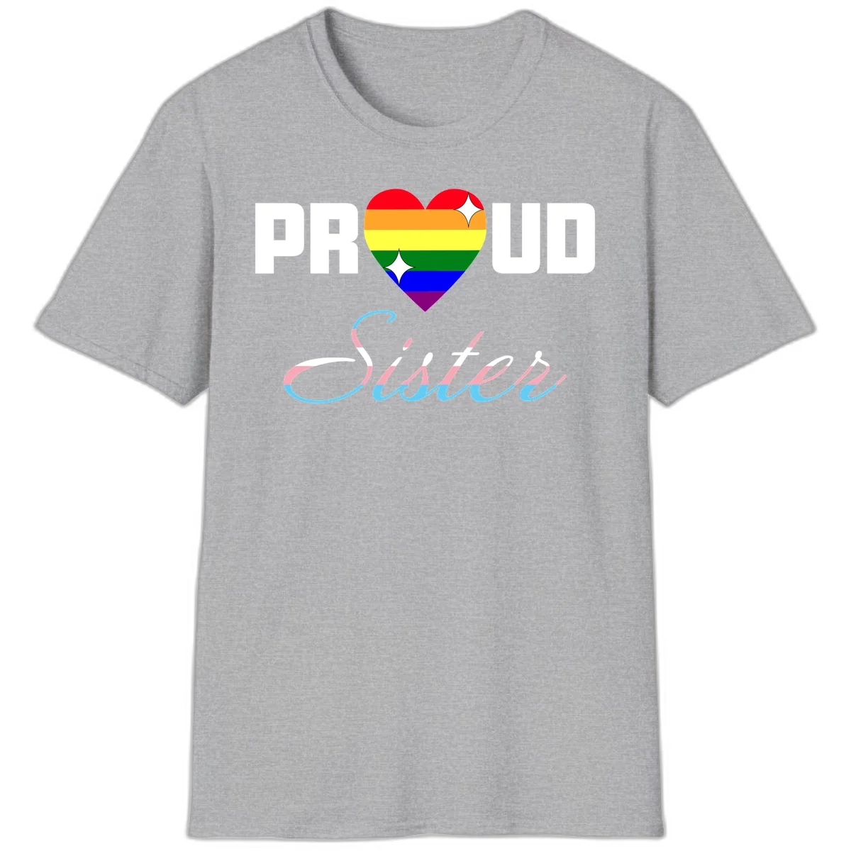 Proud sisters rainbow heart design with pride flag stripes and decorative text celebrating LGBTQ+ sisterhood in Sport Grey
