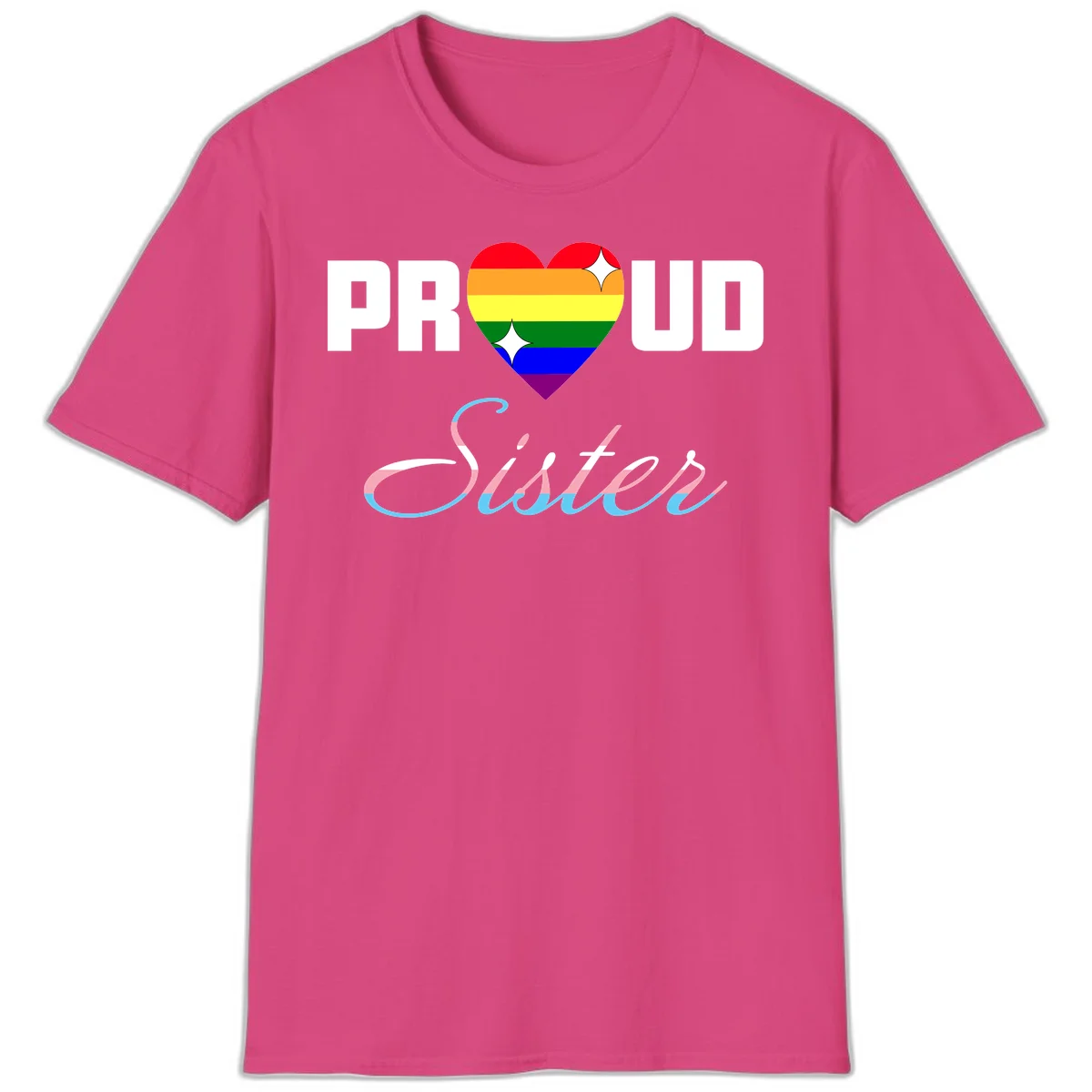 Proud sisters rainbow heart design with pride flag stripes and decorative text celebrating LGBTQ+ sisterhood in Heliconia