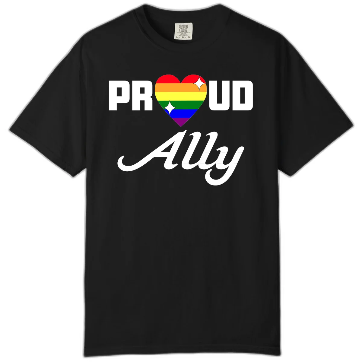 Proud Ally Pride Heart design with rainbow-striped heart and white sparkles between PROUD and Ally text in Black