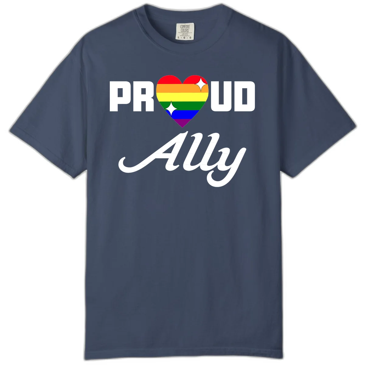 Proud Ally Pride Heart design with rainbow-striped heart and white sparkles between PROUD and Ally text in Midnight
