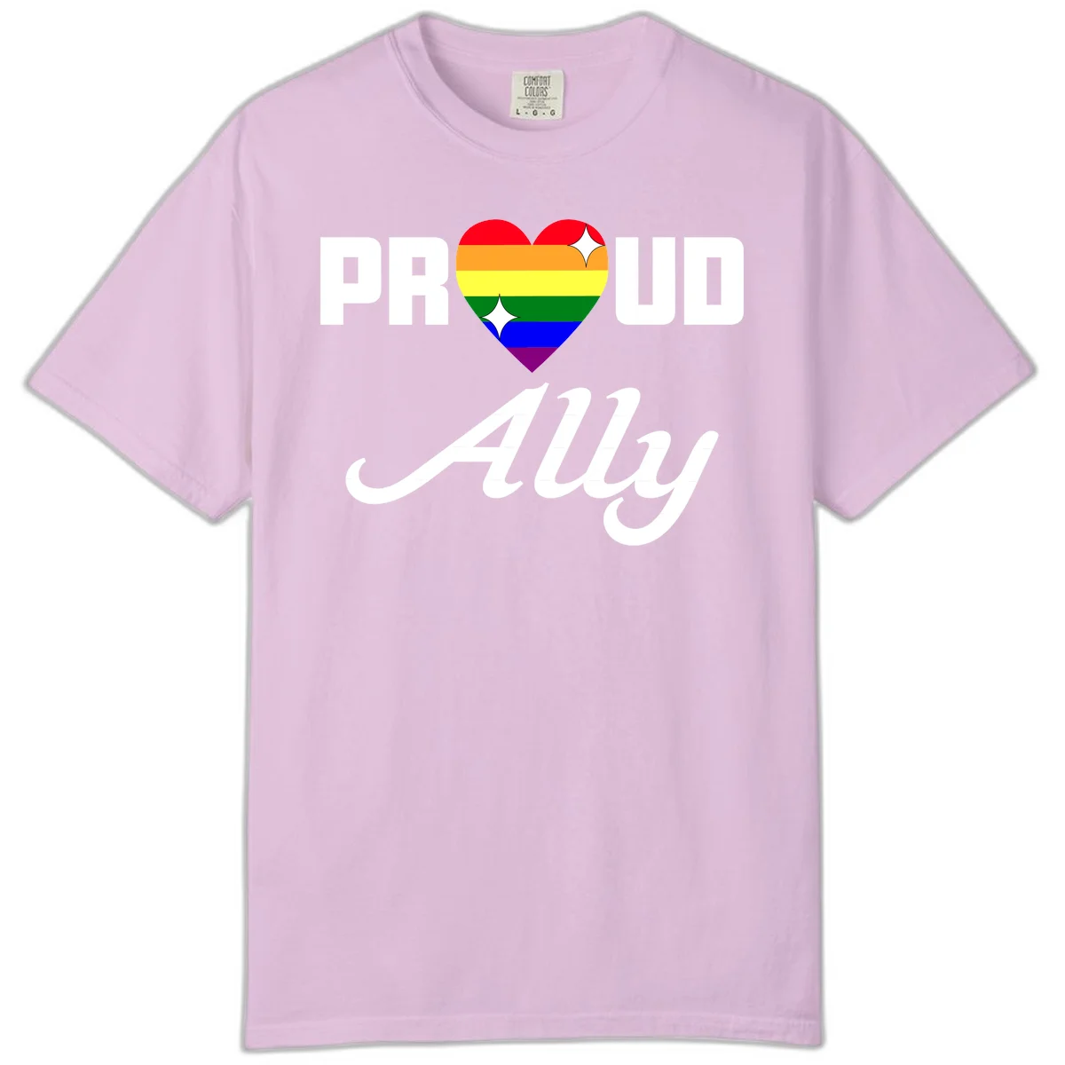Proud Ally Pride Heart design with rainbow-striped heart and white sparkles between PROUD and Ally text in Orchid