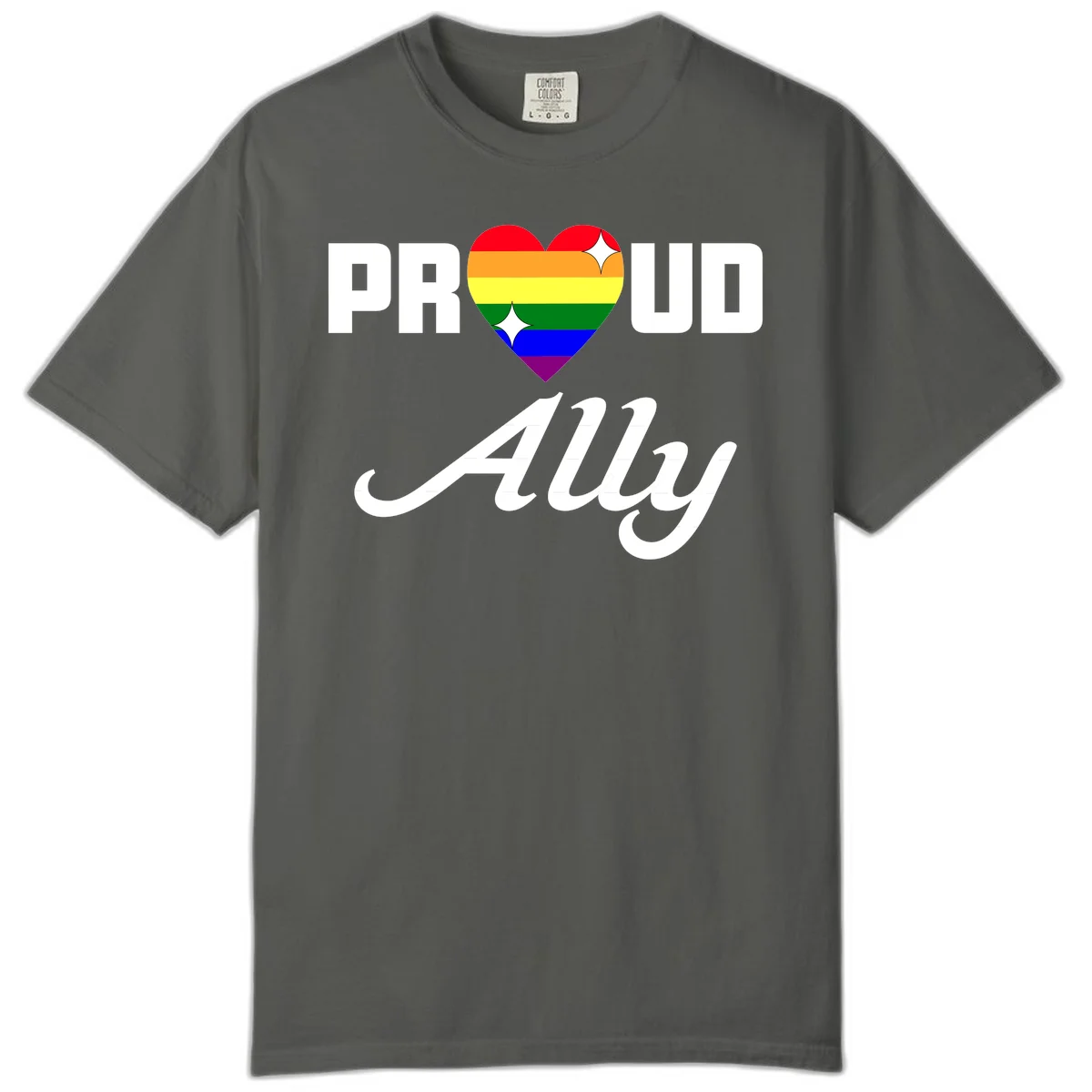 Proud Ally Pride Heart design with rainbow-striped heart and white sparkles between PROUD and Ally text in Pepper