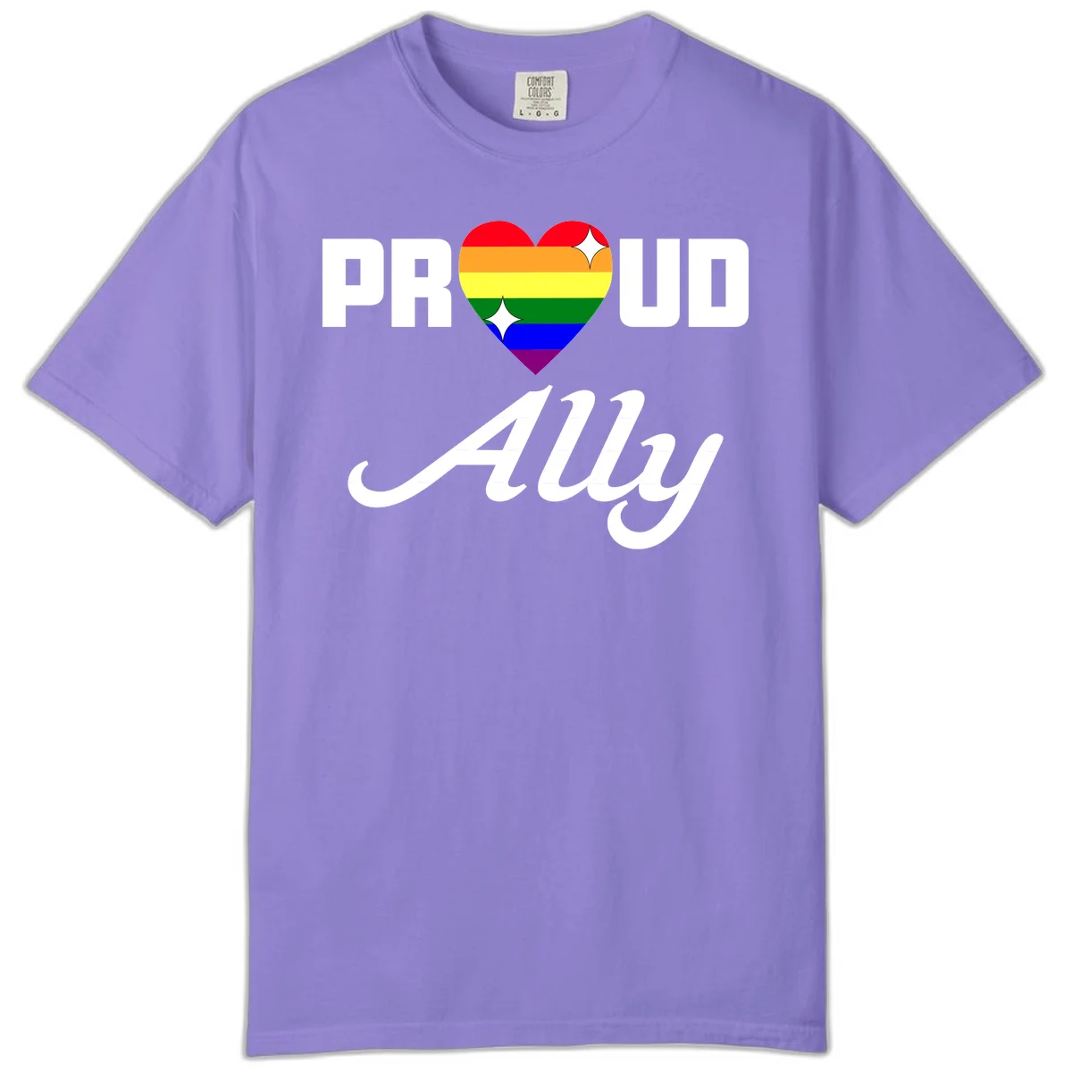 Proud Ally Pride Heart design with rainbow-striped heart and white sparkles between PROUD and Ally text in Violet