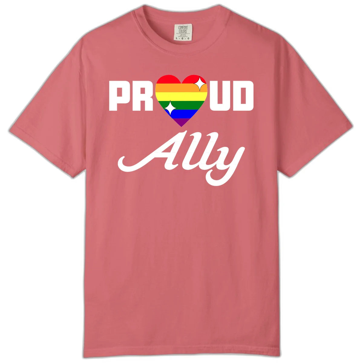 Proud Ally Pride Heart design with rainbow-striped heart and white sparkles between PROUD and Ally text in Watermelon