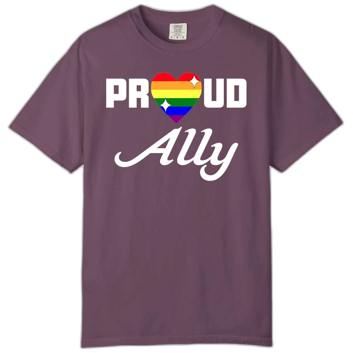 Proud Ally Pride Heart design with rainbow-striped heart and white sparkles between PROUD and Ally text in Berry