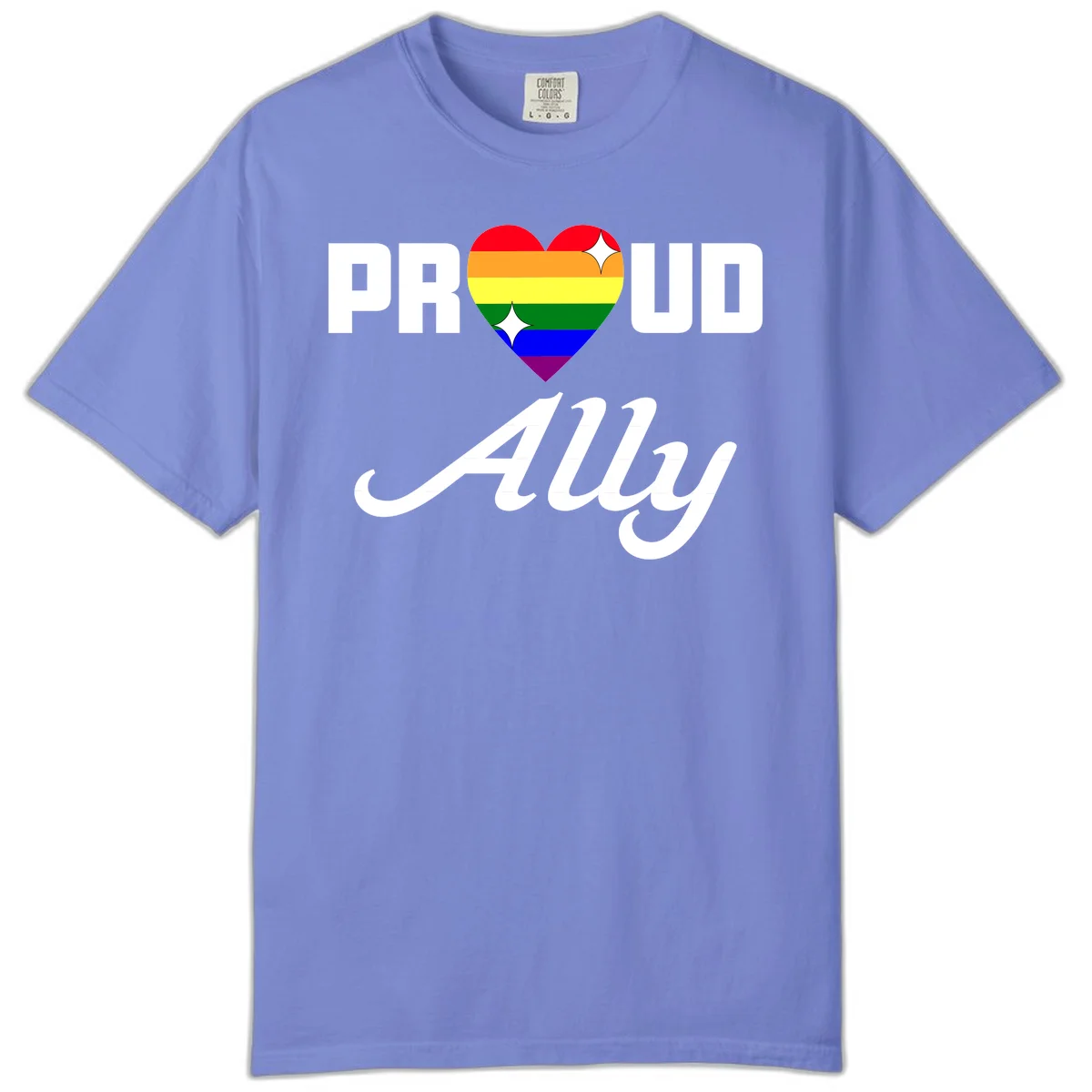 Proud Ally Pride Heart design with rainbow-striped heart and white sparkles between PROUD and Ally text in Flo Blue