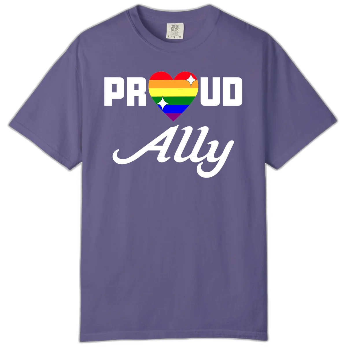 Proud Ally Pride Heart design with rainbow-striped heart and white sparkles between PROUD and Ally text in Grape