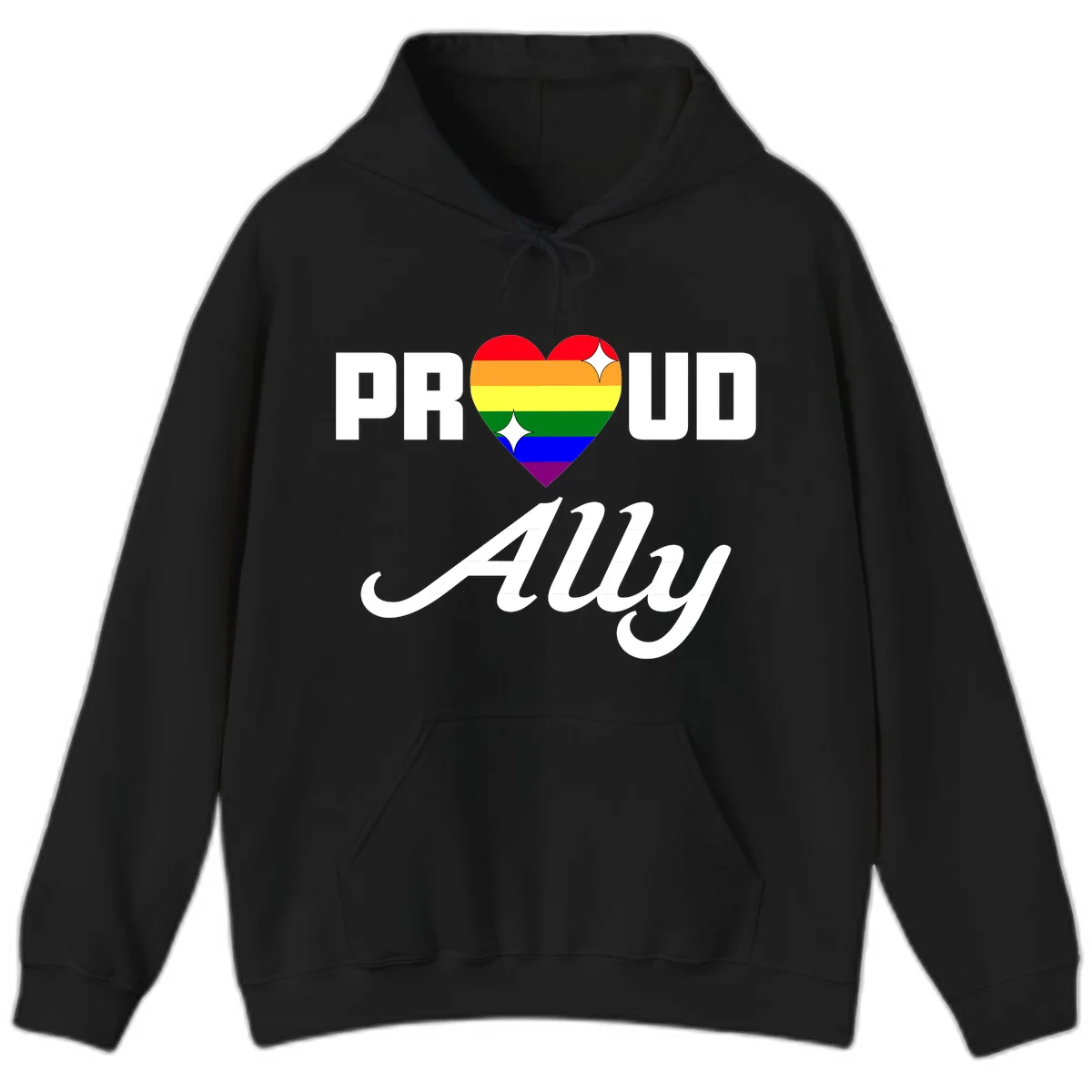 Proud Ally Pride Heart design with rainbow-striped heart and white sparkles between PROUD and Ally text in Black