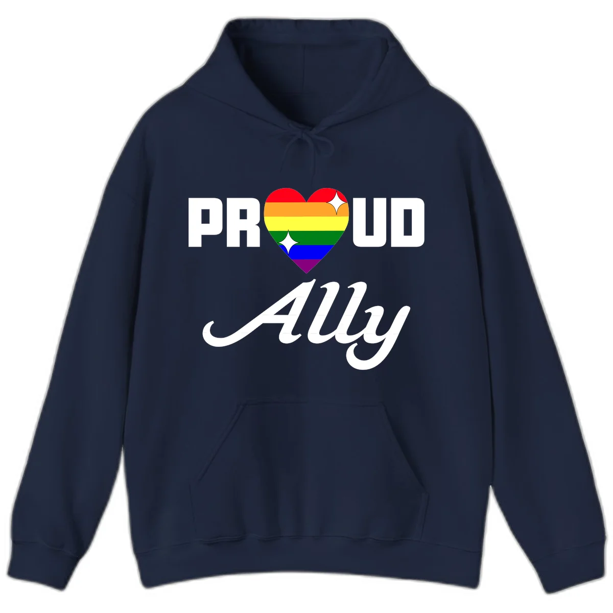 Proud Ally Pride Heart design with rainbow-striped heart and white sparkles between PROUD and Ally text in Navy