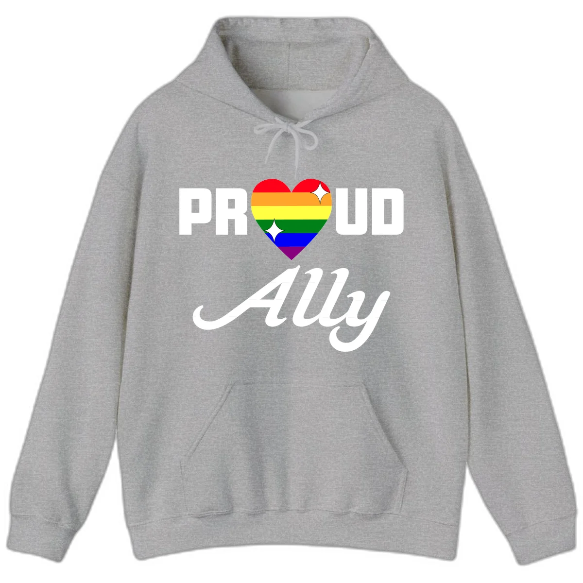 Proud Ally Pride Heart design with rainbow-striped heart and white sparkles between PROUD and Ally text in Sport Grey
