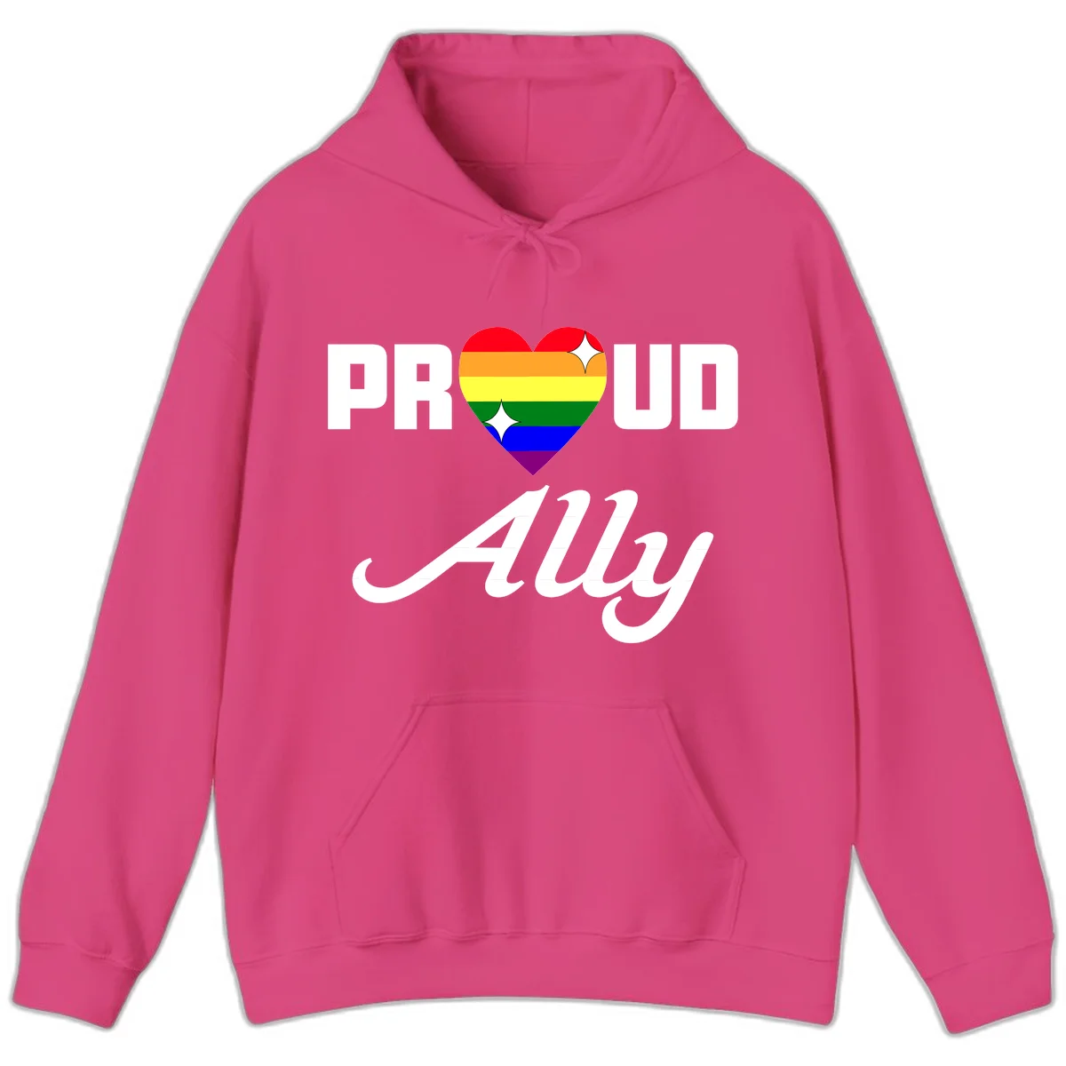 Proud Ally Pride Heart design with rainbow-striped heart and white sparkles between PROUD and Ally text in Heliconia