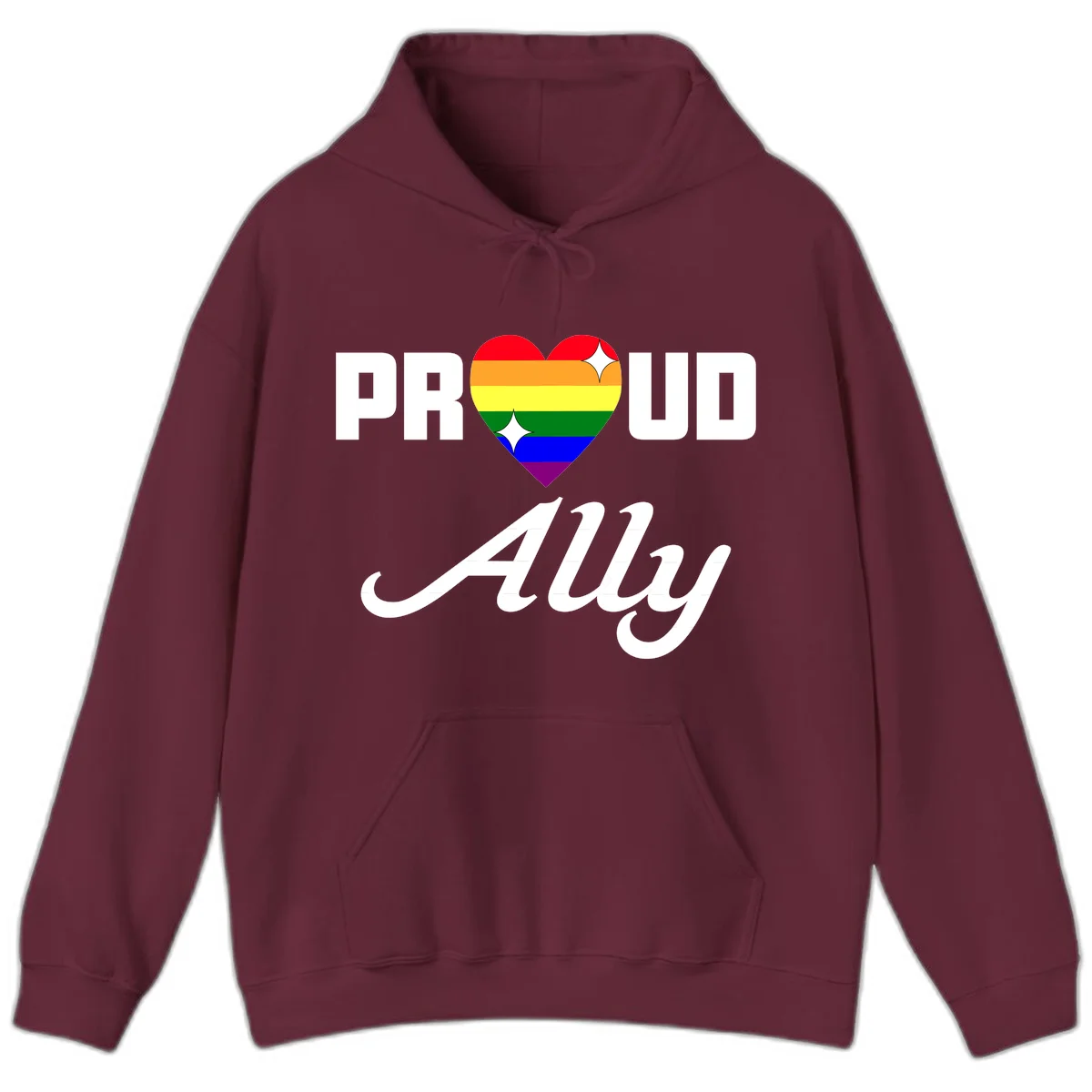 Proud Ally Pride Heart design with rainbow-striped heart and white sparkles between PROUD and Ally text in Maroon