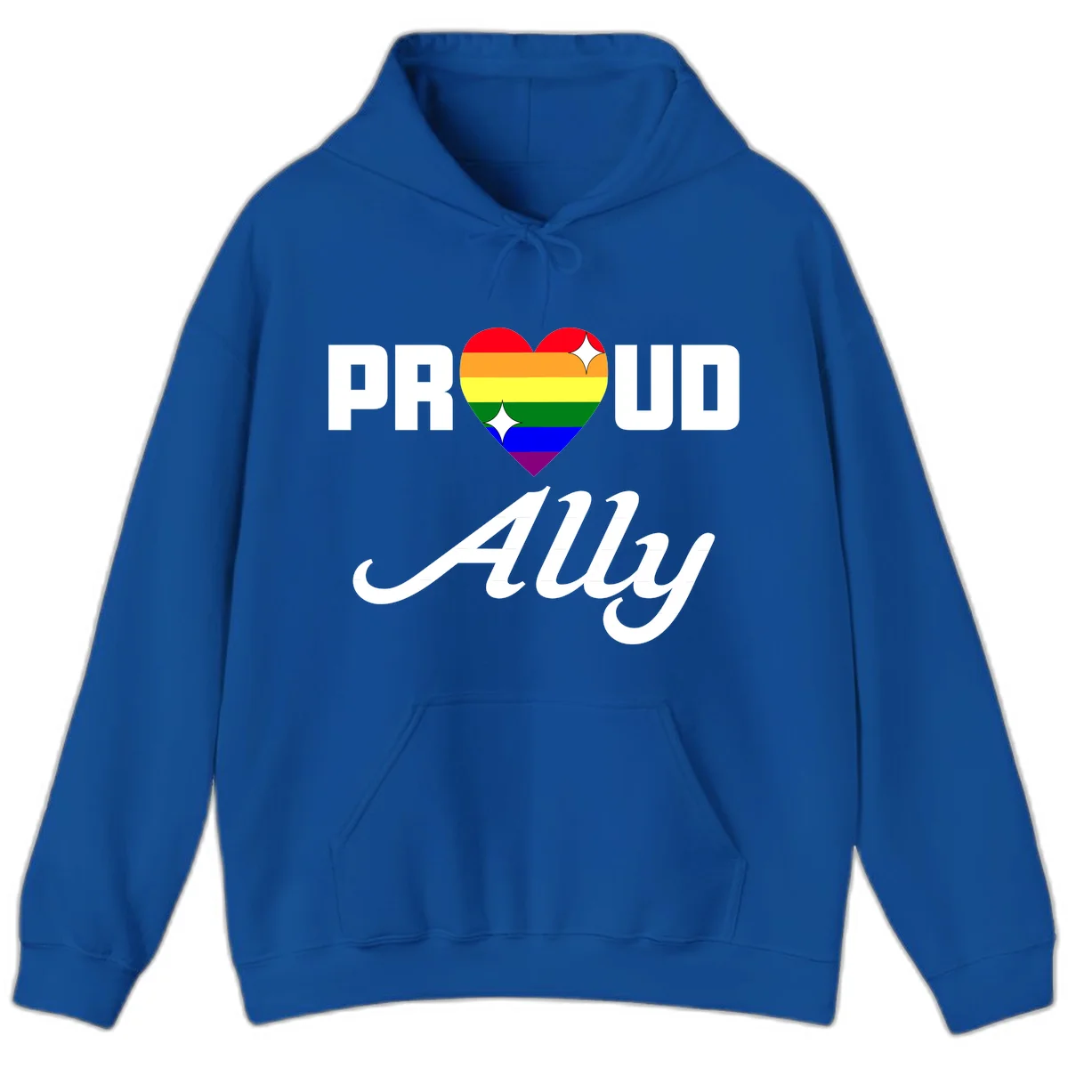 Proud Ally Pride Heart design with rainbow-striped heart and white sparkles between PROUD and Ally text in Royal