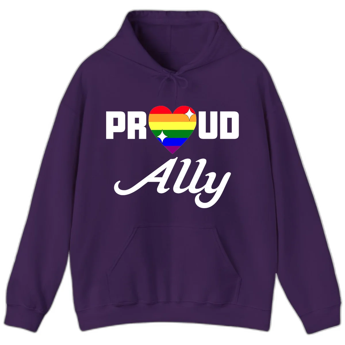 Proud Ally Pride Heart design with rainbow-striped heart and white sparkles between PROUD and Ally text in Purple