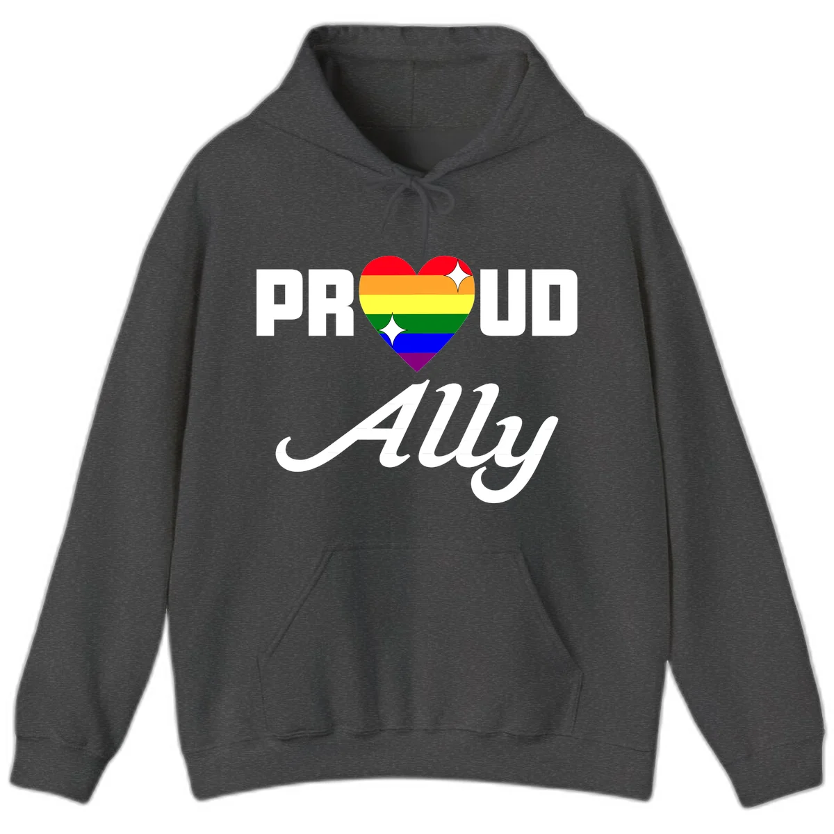 Proud Ally Pride Heart design with rainbow-striped heart and white sparkles between PROUD and Ally text in Dark Heather