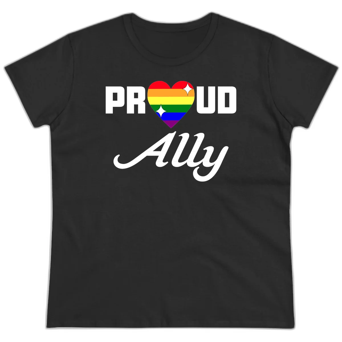 Proud Ally Pride Heart design with rainbow-striped heart and white sparkles between PROUD and Ally text in Black
