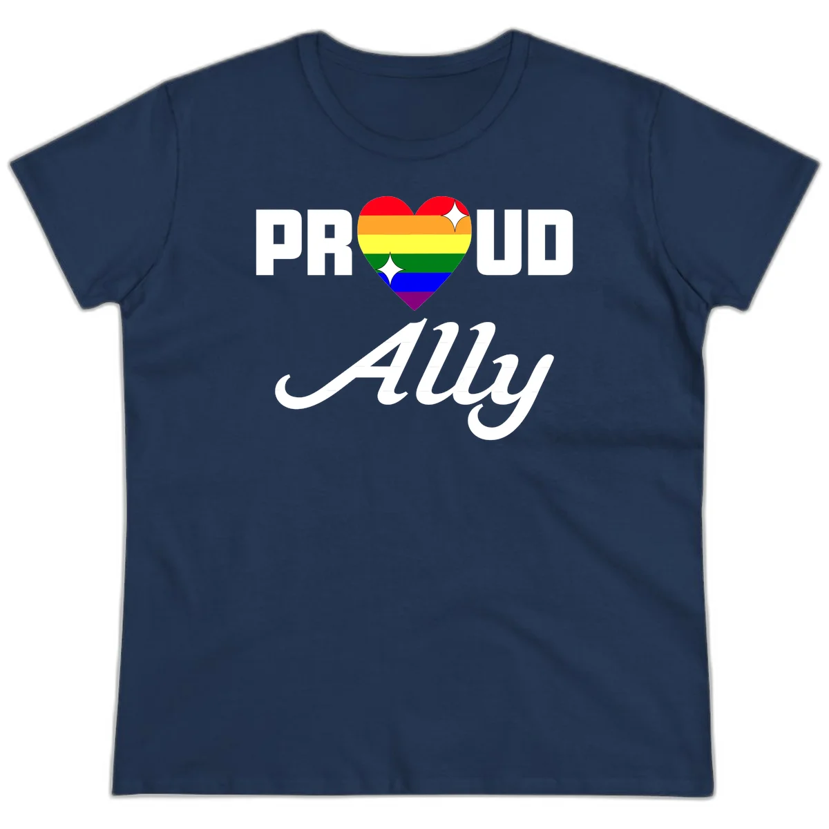 Proud Ally Pride Heart design with rainbow-striped heart and white sparkles between PROUD and Ally text in Navy