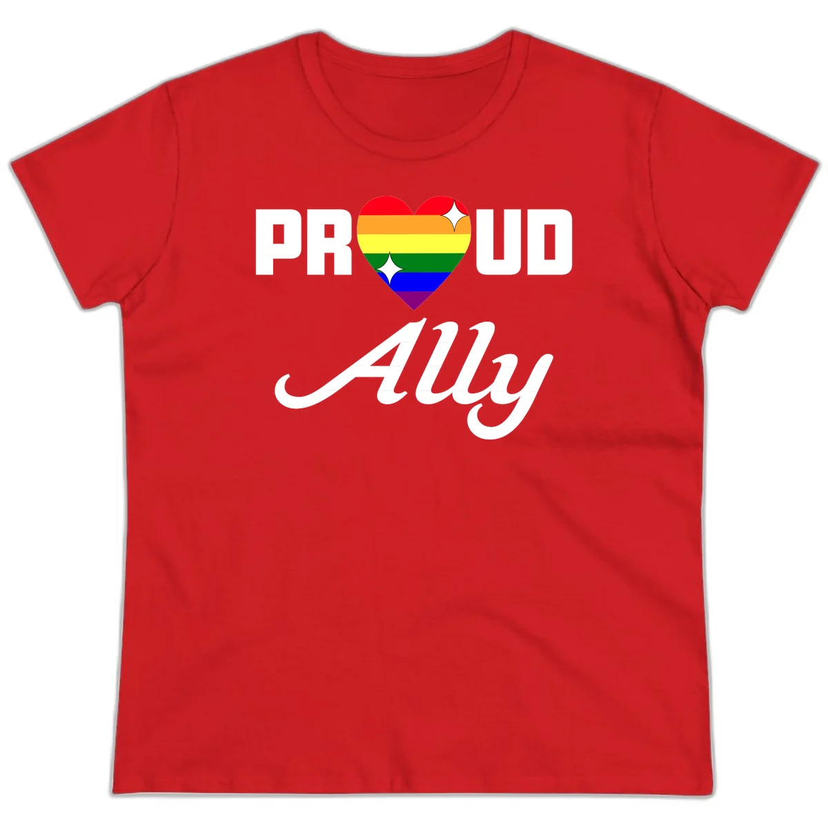 Proud Ally Pride Heart design with rainbow-striped heart and white sparkles between PROUD and Ally text in Red