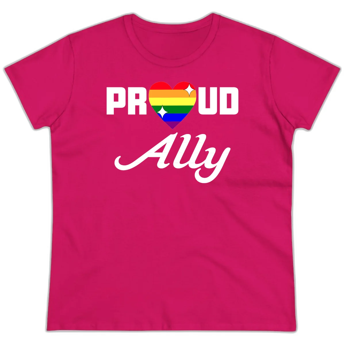 Proud Ally Pride Heart design with rainbow-striped heart and white sparkles between PROUD and Ally text in Heliconia