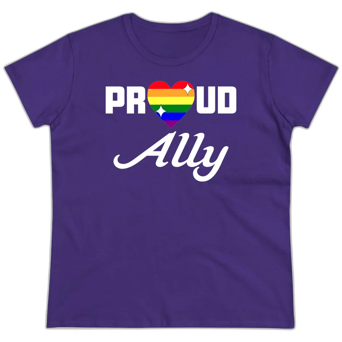 Proud Ally Pride Heart design with rainbow-striped heart and white sparkles between PROUD and Ally text in Purple