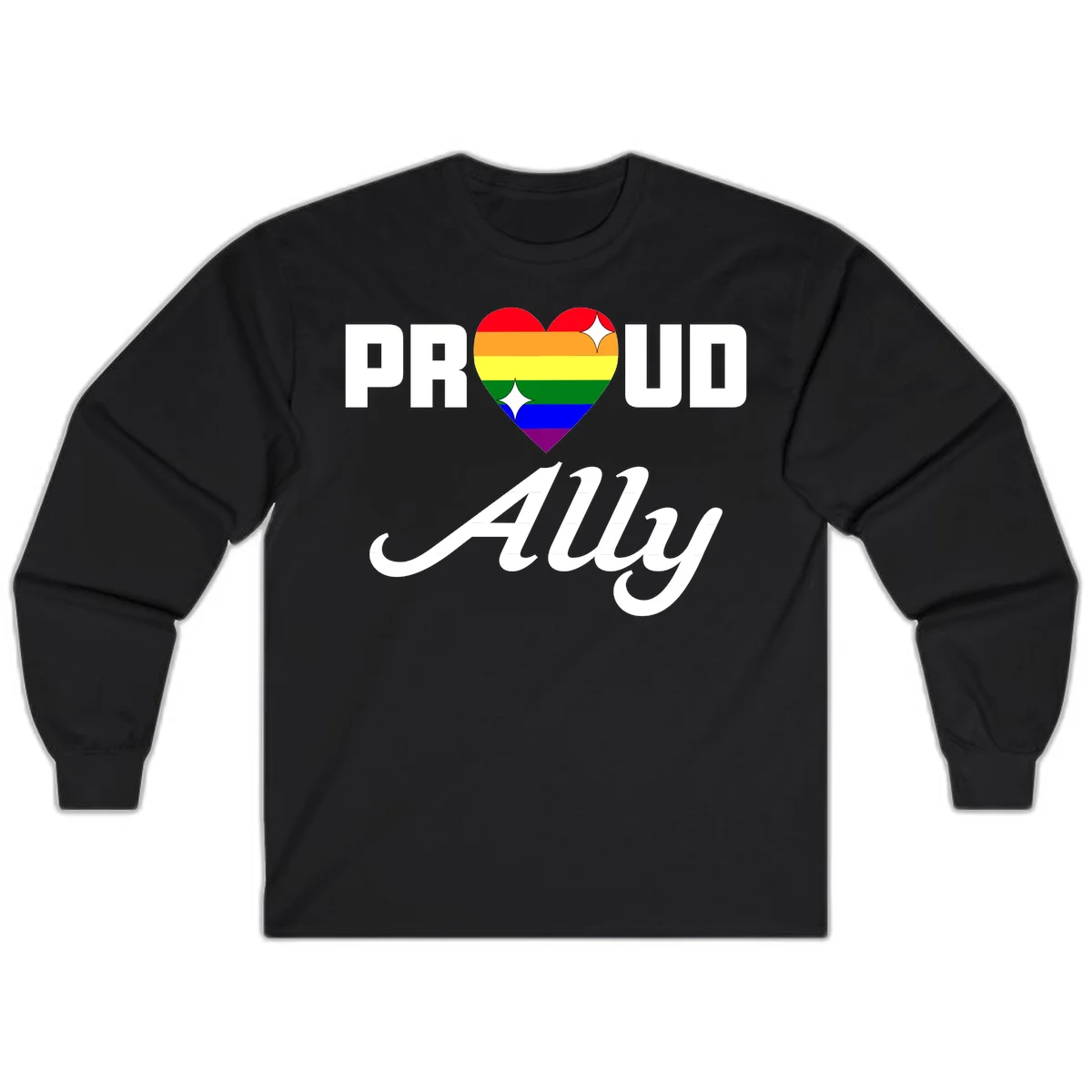 Proud Ally Pride Heart design with rainbow-striped heart and white sparkles between PROUD and Ally text in Black