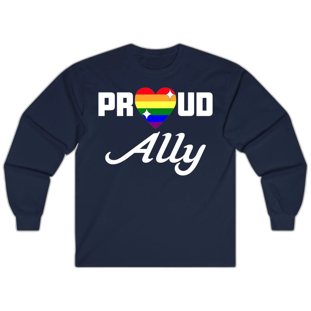 Proud Ally Pride Heart design with rainbow-striped heart and white sparkles between PROUD and Ally text in Navy
