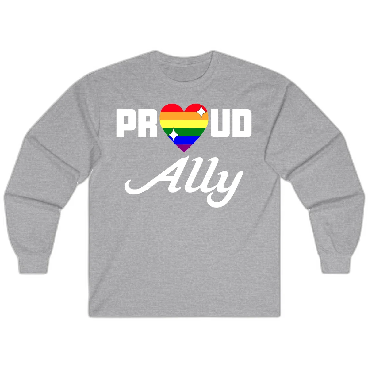 Proud Ally Pride Heart design with rainbow-striped heart and white sparkles between PROUD and Ally text in Sport Grey