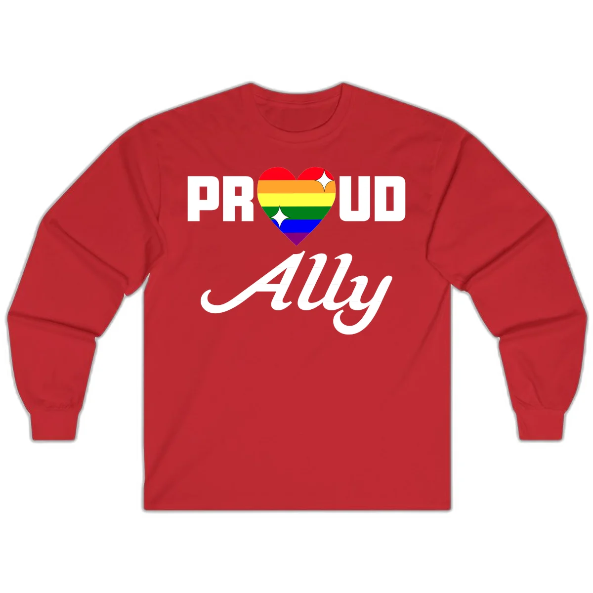 Proud Ally Pride Heart design with rainbow-striped heart and white sparkles between PROUD and Ally text in Red