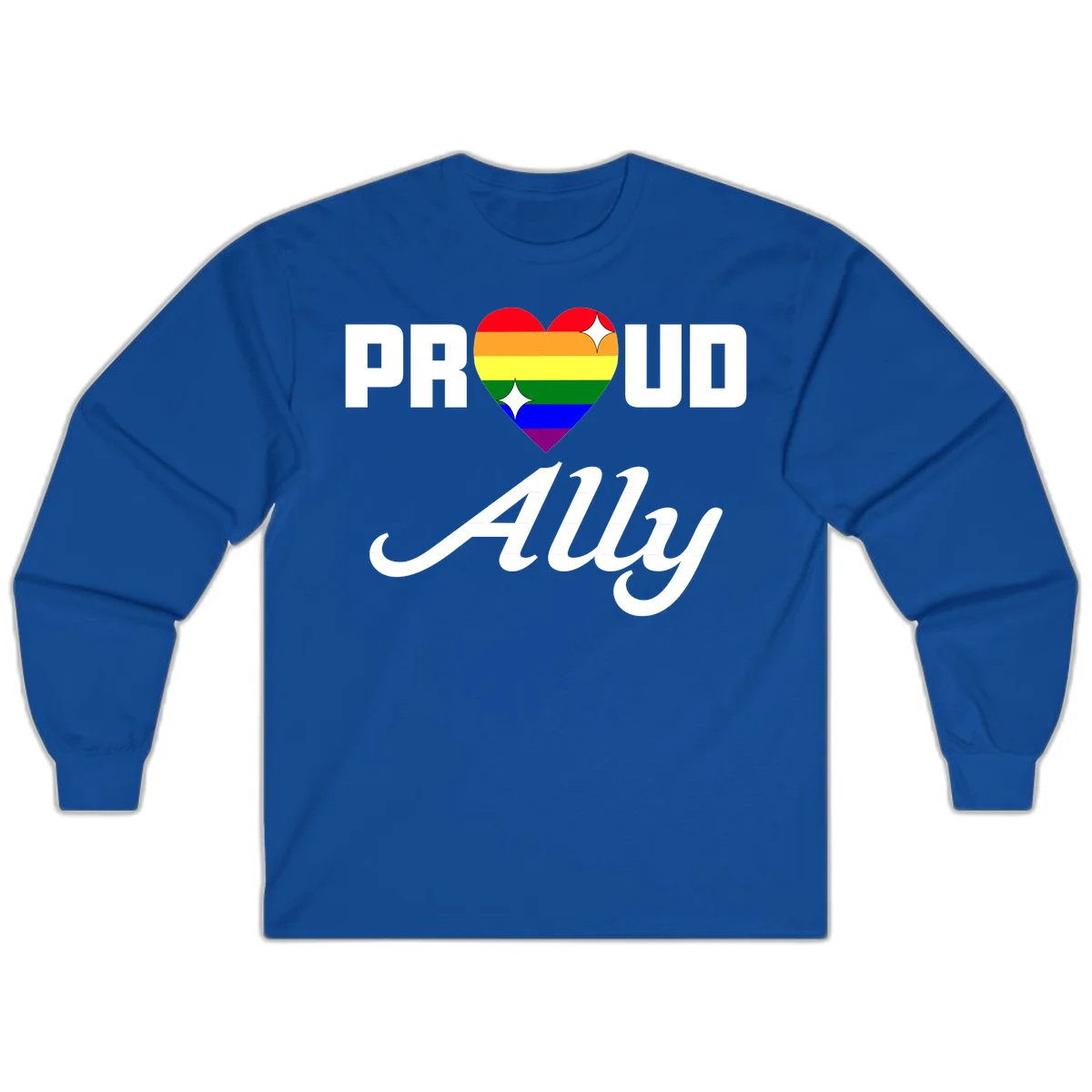 Proud Ally Pride Heart design with rainbow-striped heart and white sparkles between PROUD and Ally text in Royal
