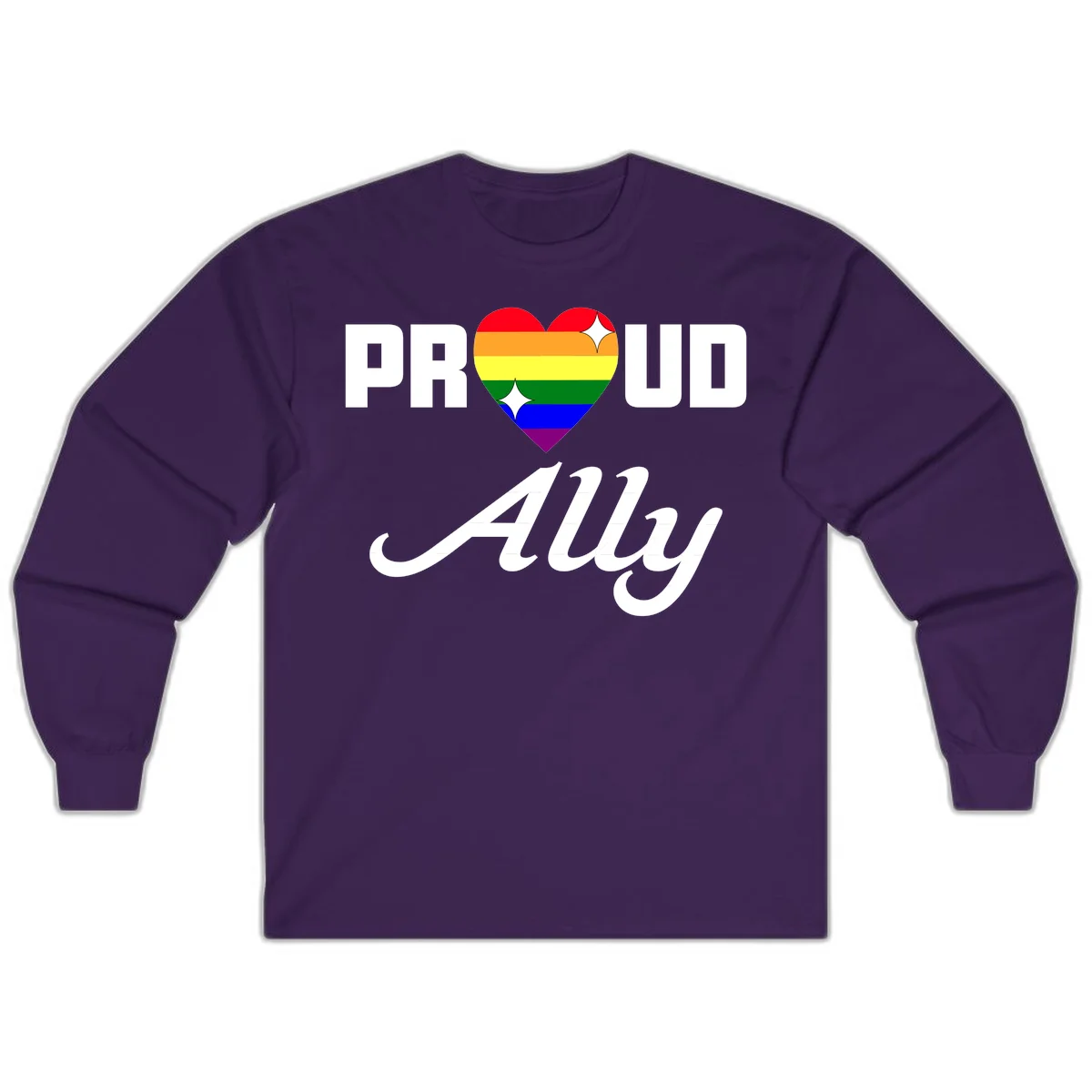 Proud Ally Pride Heart design with rainbow-striped heart and white sparkles between PROUD and Ally text in Purple