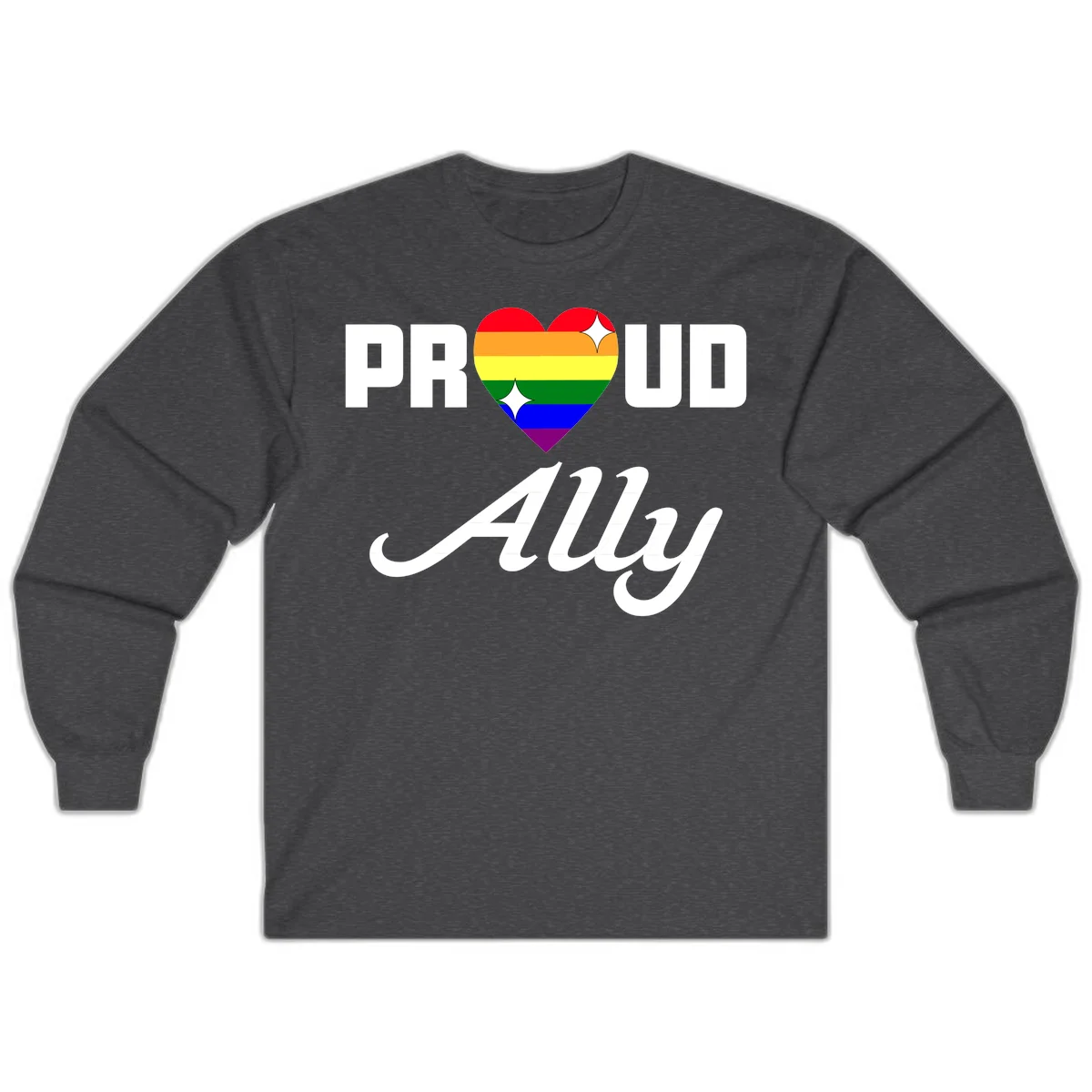 Proud Ally Pride Heart design with rainbow-striped heart and white sparkles between PROUD and Ally text in Dark Heather