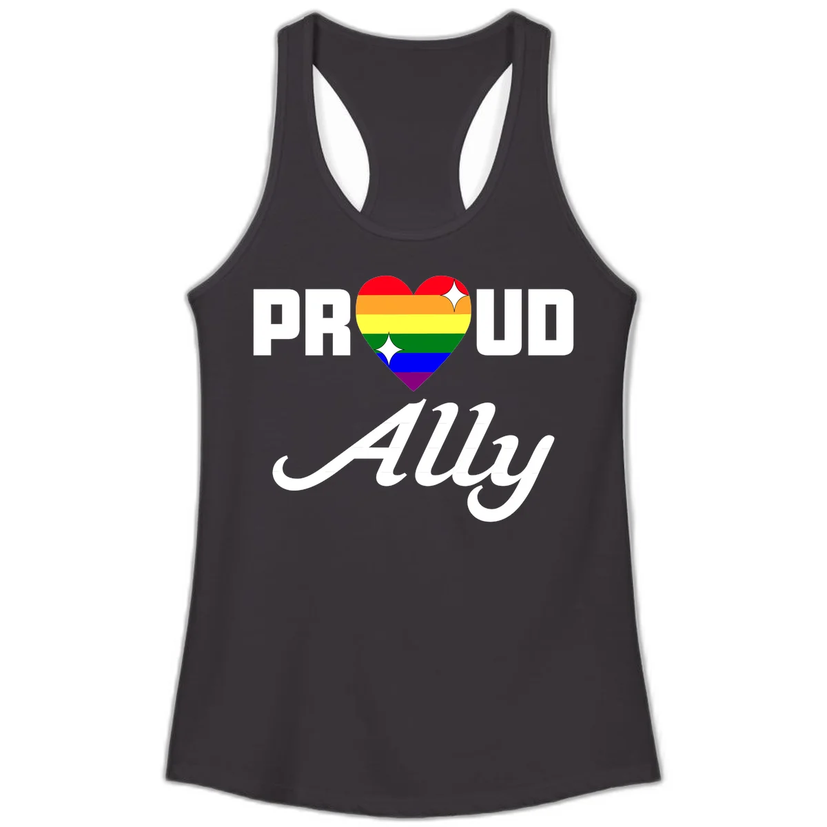 Proud Ally Pride Heart design with rainbow-striped heart and white sparkles between PROUD and Ally text in Black