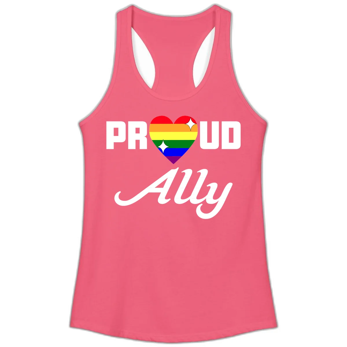 Proud Ally Pride Heart design with rainbow-striped heart and white sparkles between PROUD and Ally text in Hot Pink