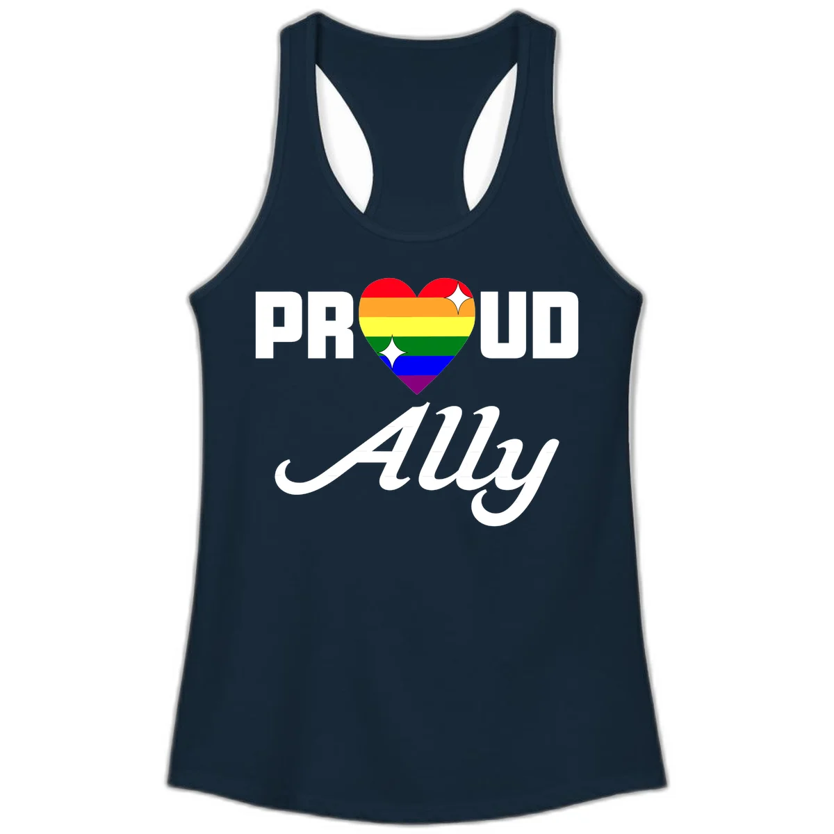 Proud Ally Pride Heart design with rainbow-striped heart and white sparkles between PROUD and Ally text in Solid Midnight Navy