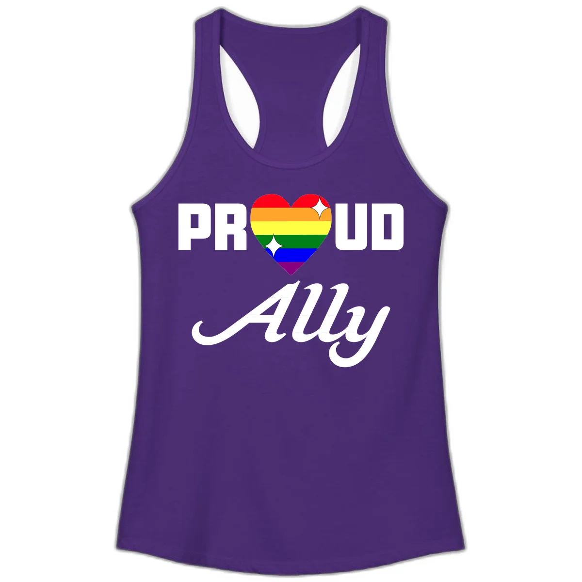 Proud Ally Pride Heart design with rainbow-striped heart and white sparkles between PROUD and Ally text in Solid Purple Rush