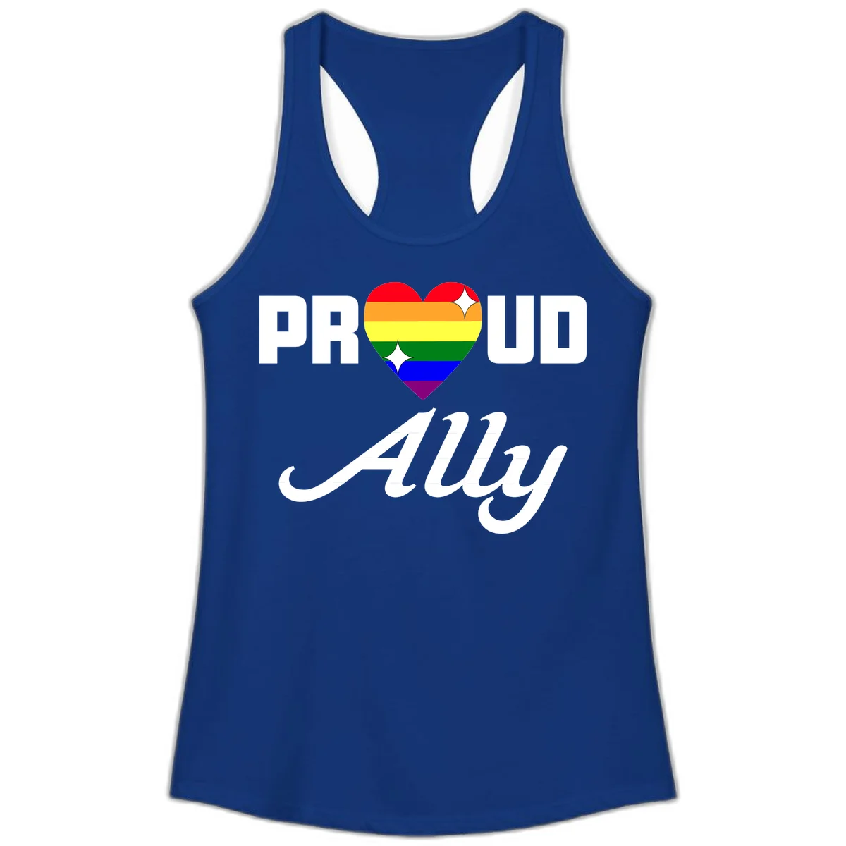 Proud Ally Pride Heart design with rainbow-striped heart and white sparkles between PROUD and Ally text in Solid Royal