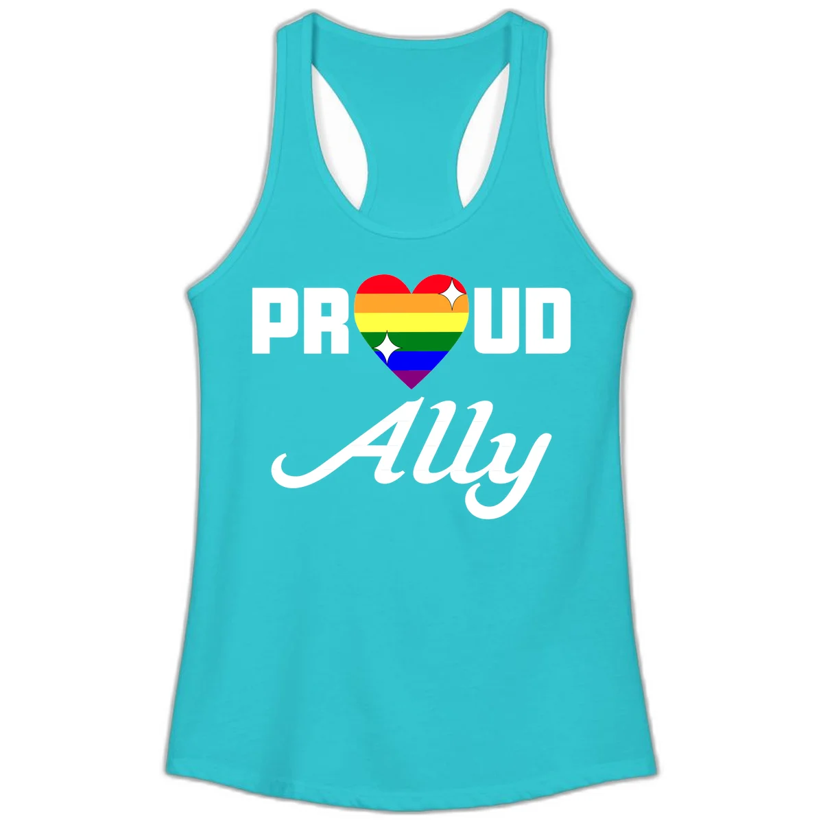 Proud Ally Pride Heart design with rainbow-striped heart and white sparkles between PROUD and Ally text in Solid Tahiti Blue