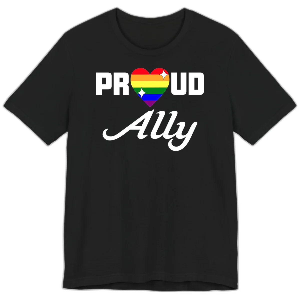 Proud Ally Pride Heart design with rainbow-striped heart and white sparkles between PROUD and Ally text in Black