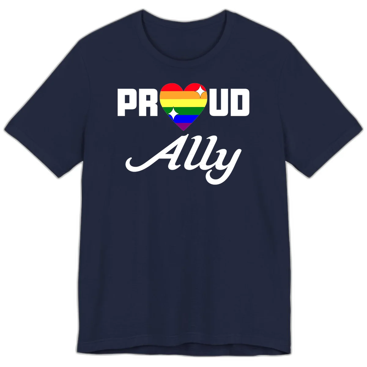 Proud Ally Pride Heart design with rainbow-striped heart and white sparkles between PROUD and Ally text in Navy