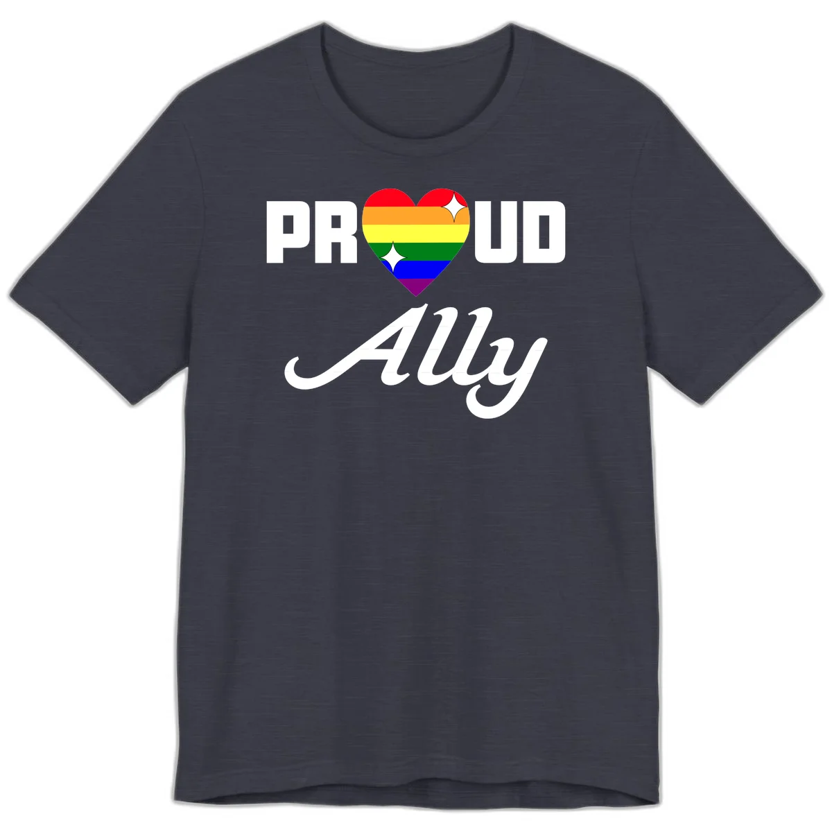 Proud Ally Pride Heart design with rainbow-striped heart and white sparkles between PROUD and Ally text in Heather Midnight Navy