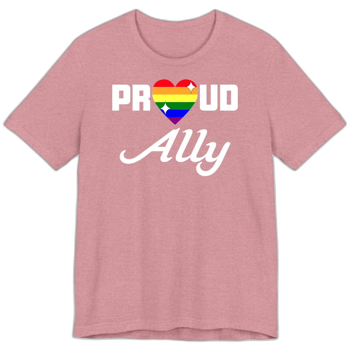 Proud Ally Pride Heart design with rainbow-striped heart and white sparkles between PROUD and Ally text in Heather Orchid