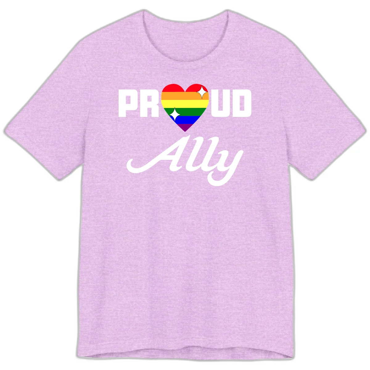 Proud Ally Pride Heart design with rainbow-striped heart and white sparkles between PROUD and Ally text in Heather Prism Lilac